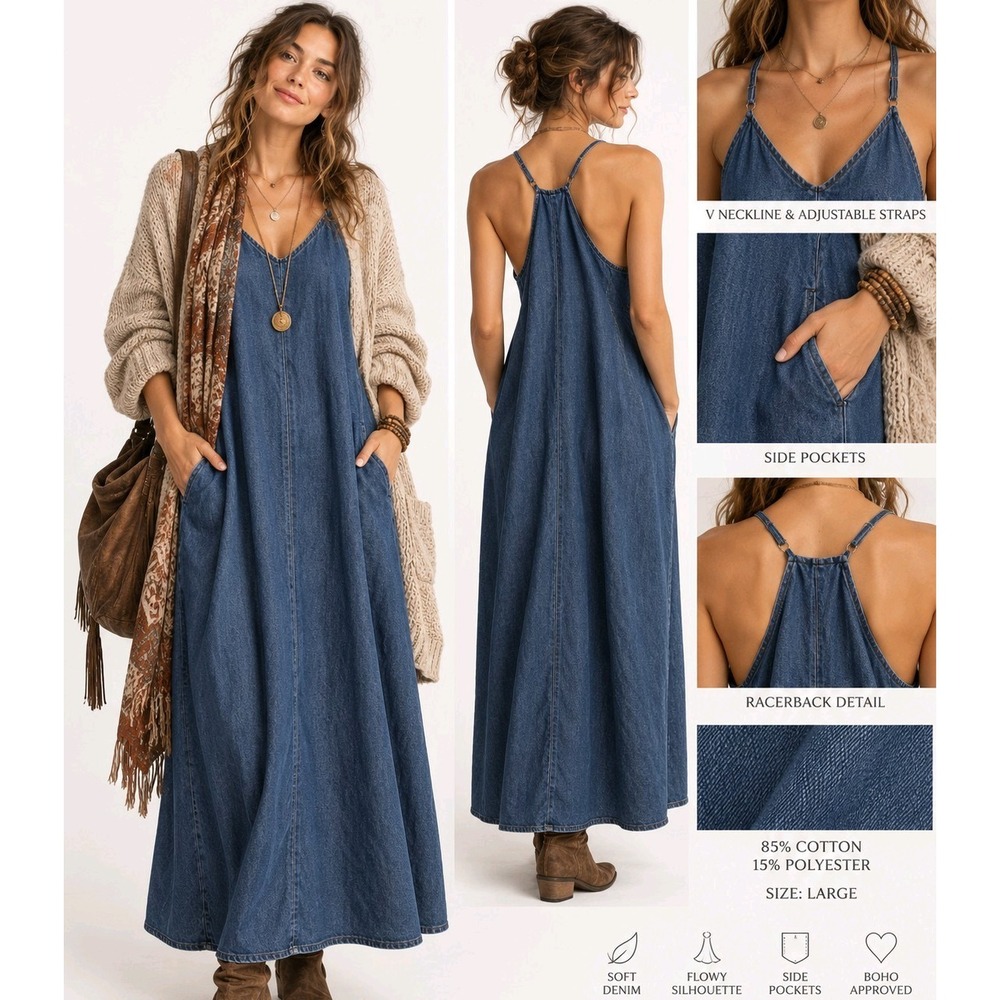 90s Denim Maxi Dress Womens L Y2K Racerback Strappy Blue Jean Boho Western